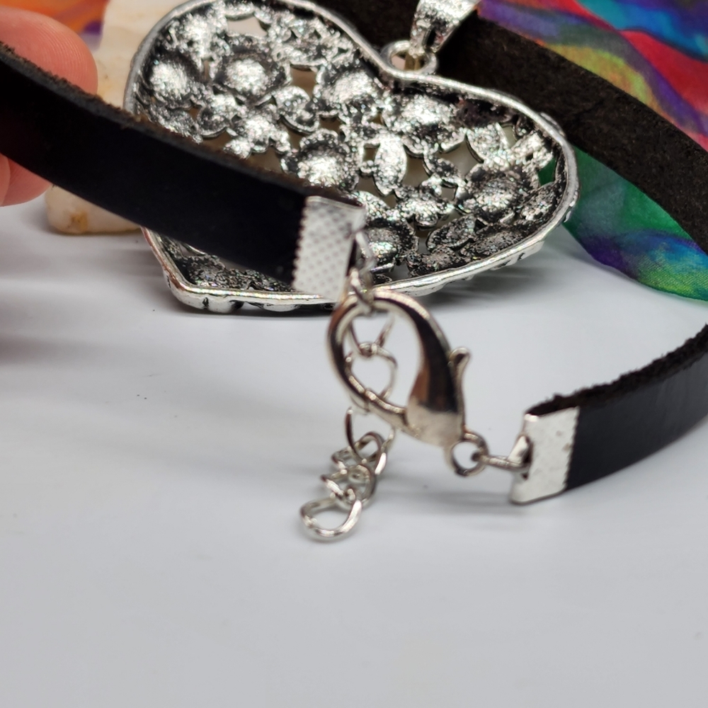 Lrge Silver Heart Pendant Boho Genuine Black Leather Floral Filigree - Picture 6 of 12